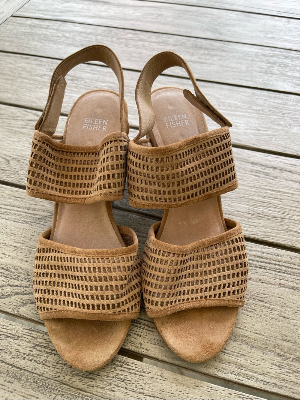 Eileen Fisher Finn Tan Suede Perforated Slingback Sandals Womens Size 9
